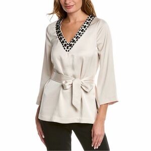NWT Trina Turk Thrilled Tunic Vneck top in oyster black jewels neckline Small